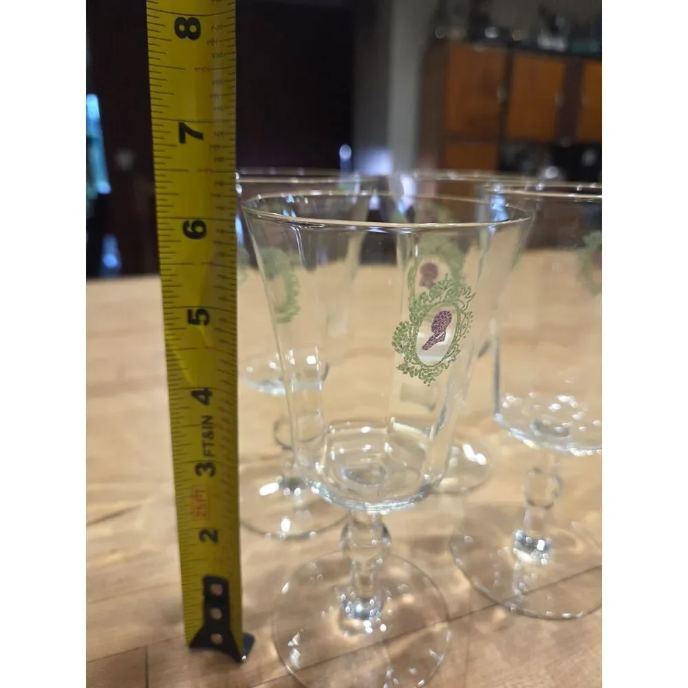 Vintage Cameo Silhouette Water Wine Goblets Set of 4 Green Filigree Clear Glass